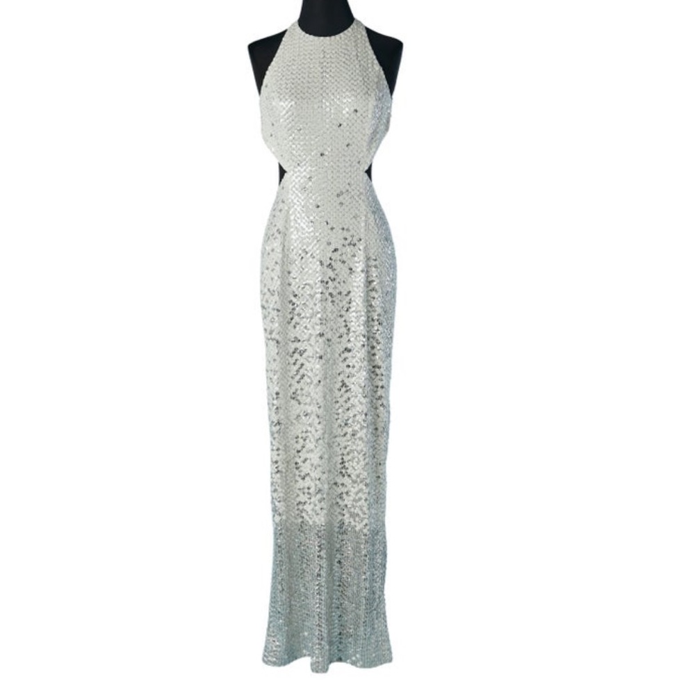 Cache white sliver and nud sequins halter maxi dress size 6
